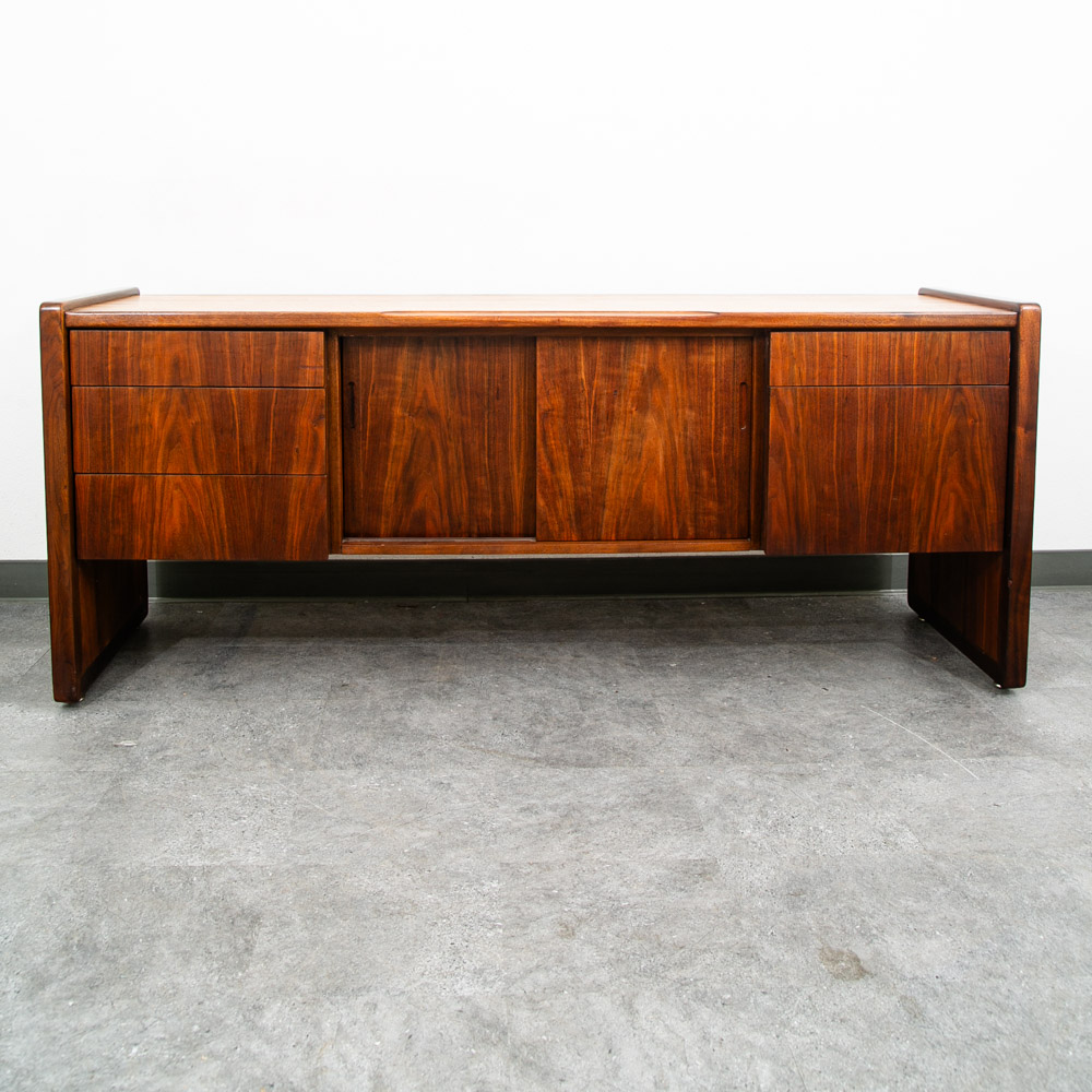 Mid Century Modern Credenza Oak Walnut 5 Drawer Wood Oak File Doors Vintage - Image 2