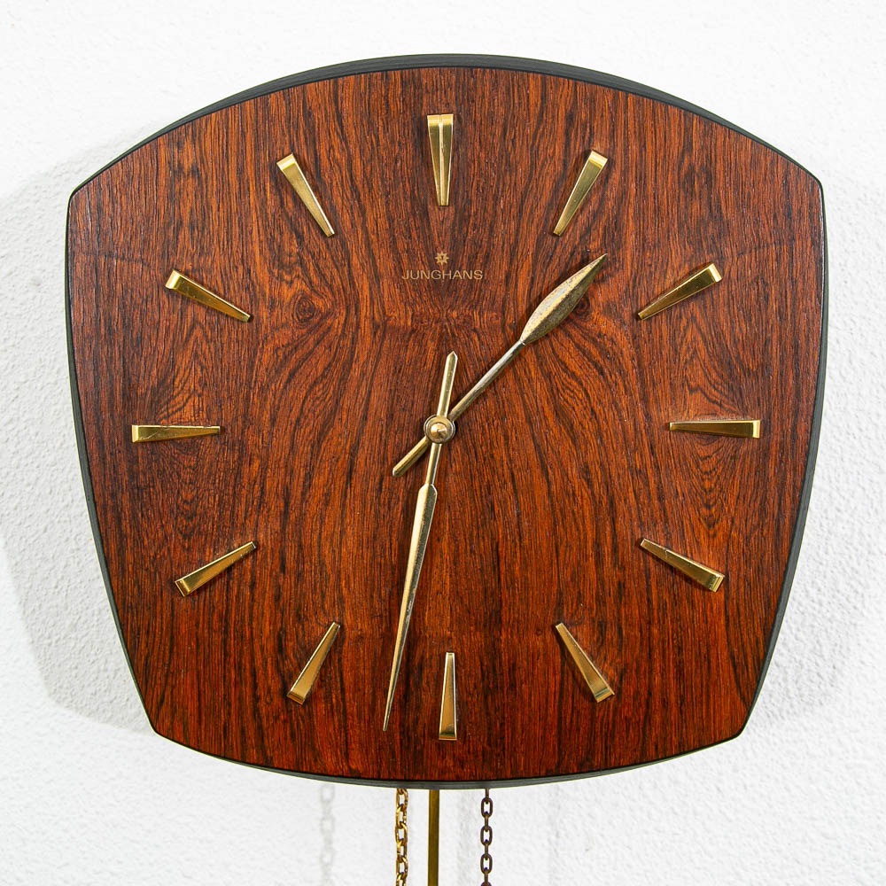 Mid Century Modern Wall Clock Rosewood Pendulum Weights Hanging Junghans Chime