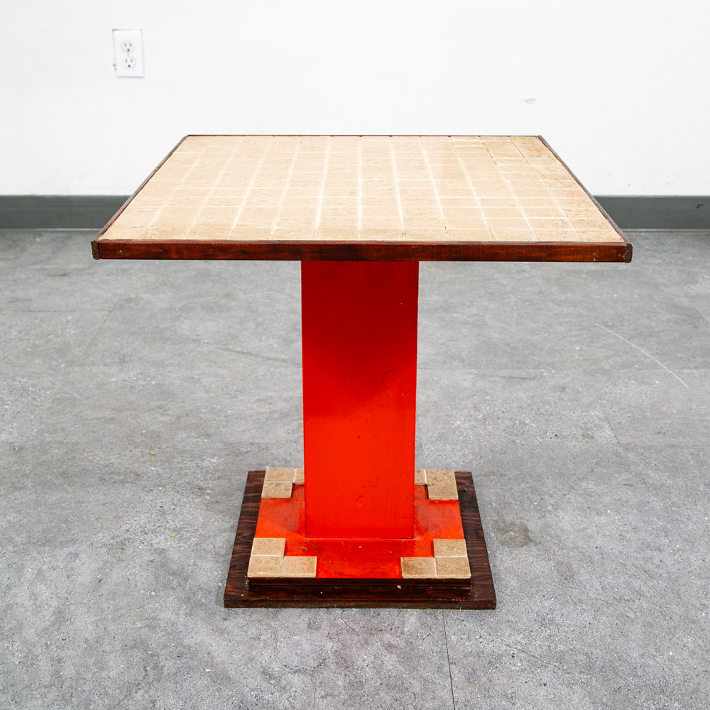 Mid Century Modern End Table Side Square Ceramic Vintage Wood Tile Orange Yellow - Image 5