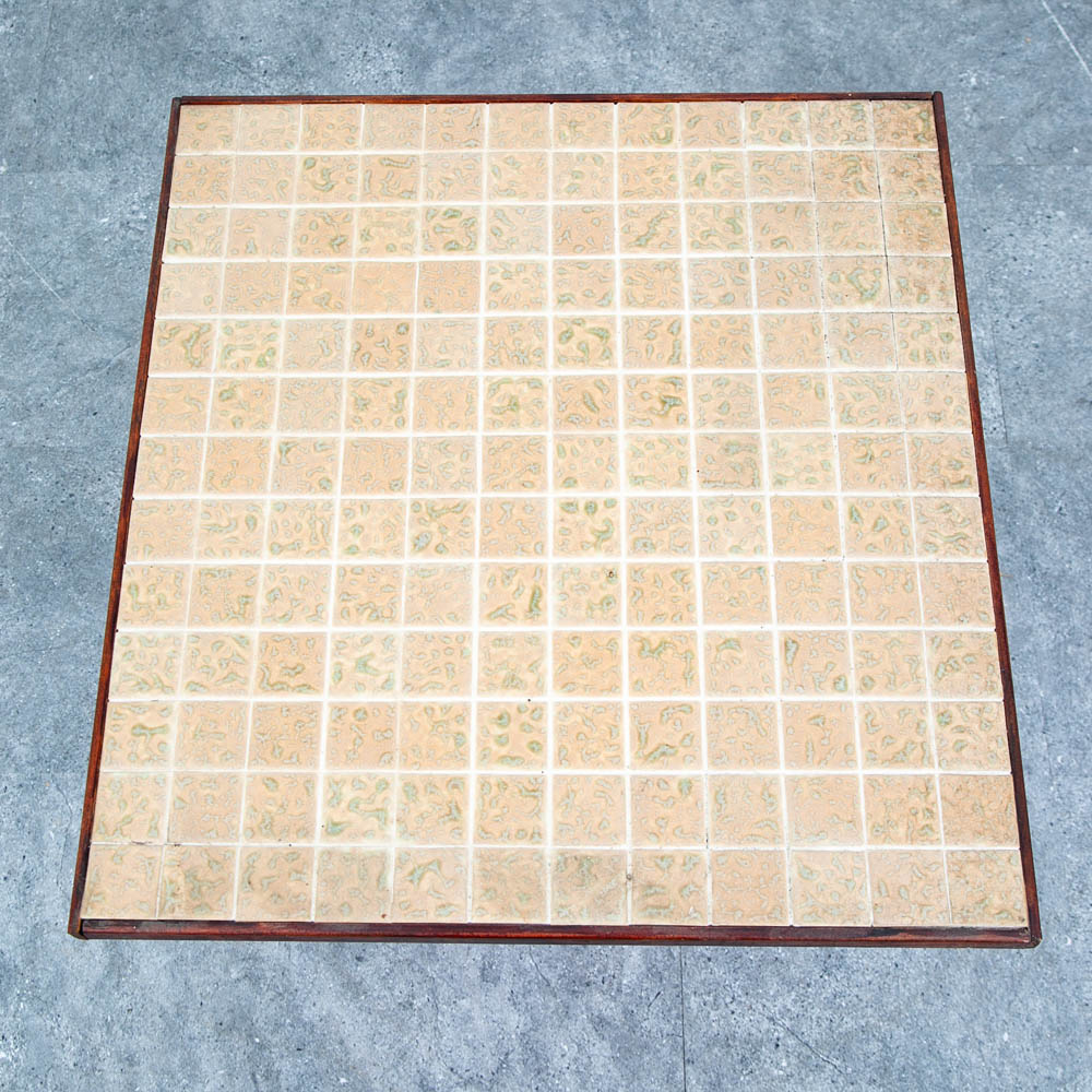 Mid Century Modern End Table Side Square Ceramic Vintage Wood Tile Orange Yellow - Image 12