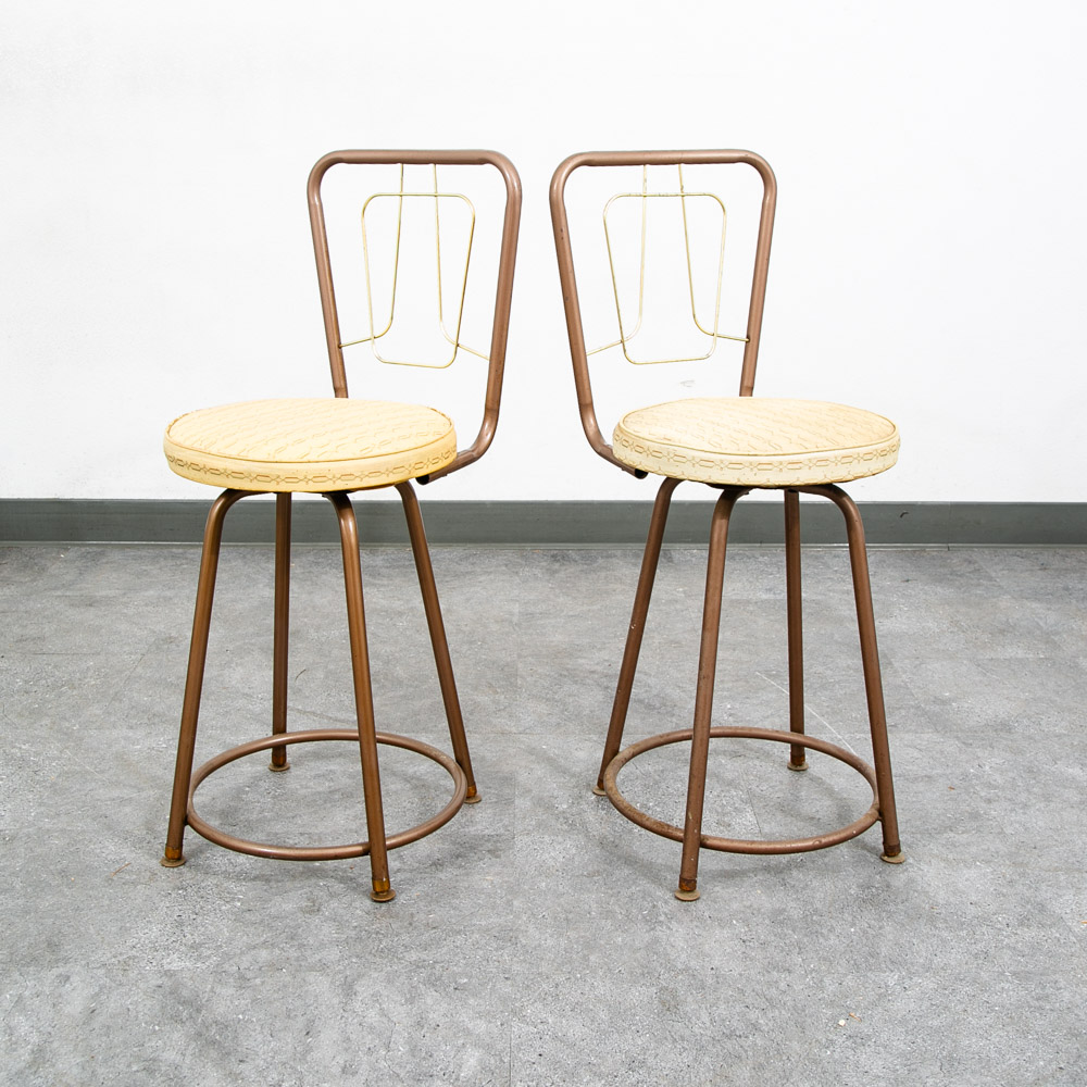 Mid Century Modern Bar Stools Set 2 Brown Swivel Wood American Vintage Tan Mcm