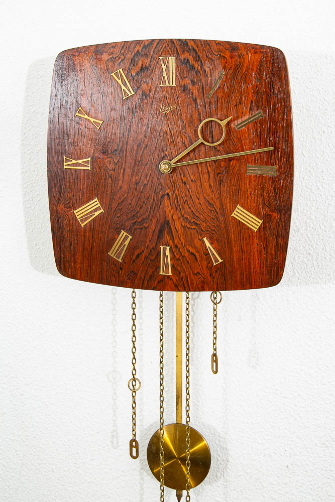 Mid Century Modern Wall Clock Rosewood Pendulum Weights Hanging Square Chime - Image 7