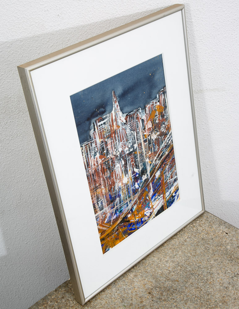 Mid Century Modern Danish Painting Art Abstract landscape Frame Cityscape Mcm - Image 8