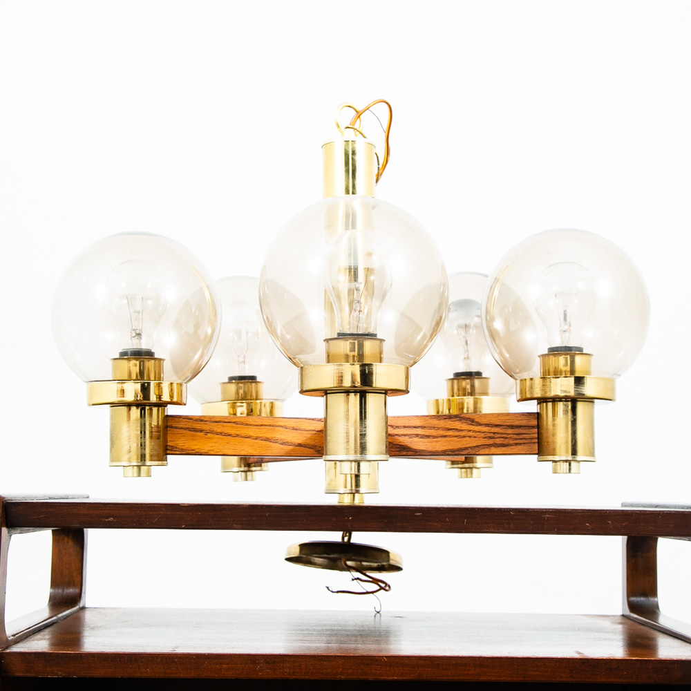 Mid Century Modern Chandelier Light Lamp Brass Oak Wood 5 Light Ceiling Glass - Image 11