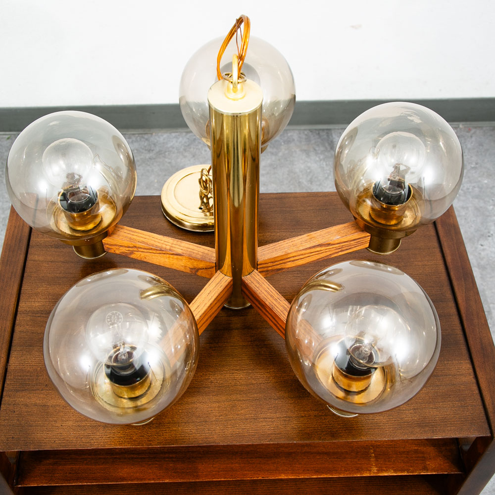 Mid Century Modern Chandelier Light Lamp Brass Oak Wood 5 Light Ceiling Glass - Image 8