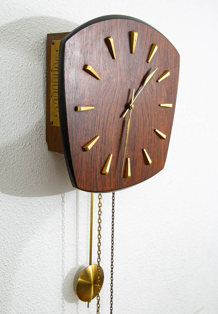 Mid Century Modern Wall Clock Rosewood Pendulum Weights Hanging Junghans Chime - Image 5