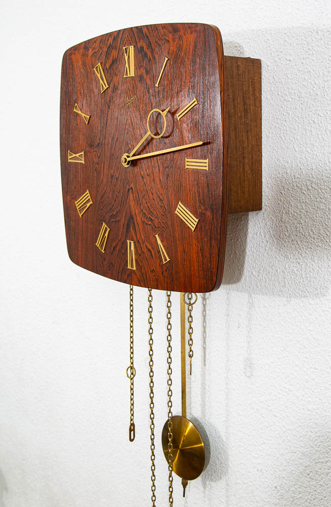 Mid Century Modern Wall Clock Rosewood Pendulum Weights Hanging Square Chime - Image 4