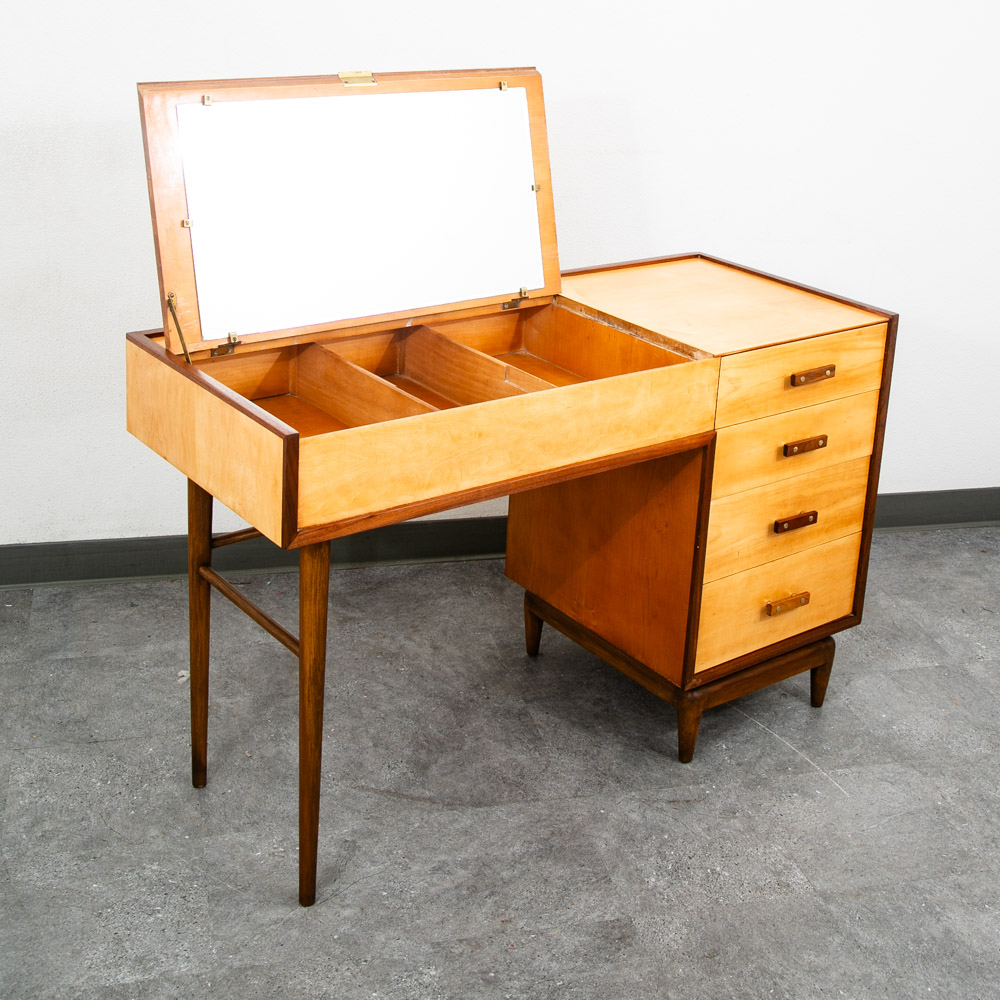 Mid Century Modern Vanity Desk Birch Walnut Drawers Mirror Italian Blonde Wood - Image 2