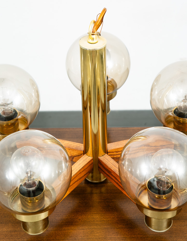 Mid Century Modern Chandelier Light Lamp Brass Oak Wood 5 Light Ceiling Glass - Image 12