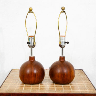 Mid Century Modern Table Lamp Set Pair Round Teak Set 2 Vintage Danish Mcm Light