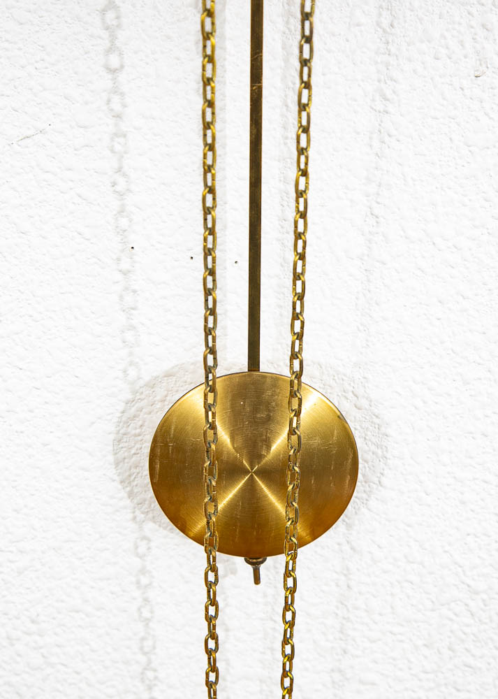 Mid Century Modern Wall Clock Oak Pendulum Weights Brass Denmark Chime - Image 4
