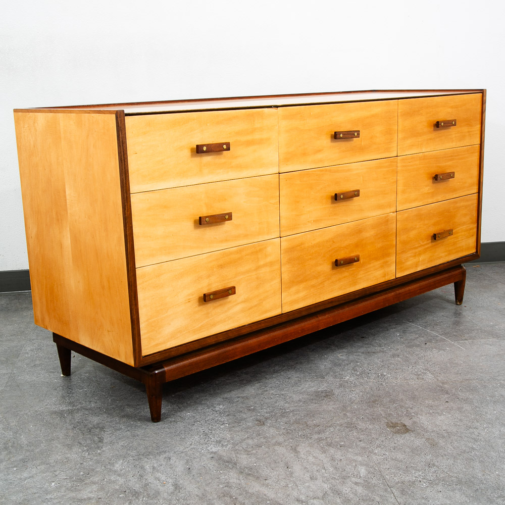 Mid Century Modern Dresser Credenza Birch Walnut Drawer Italian End Set 2 Blonde