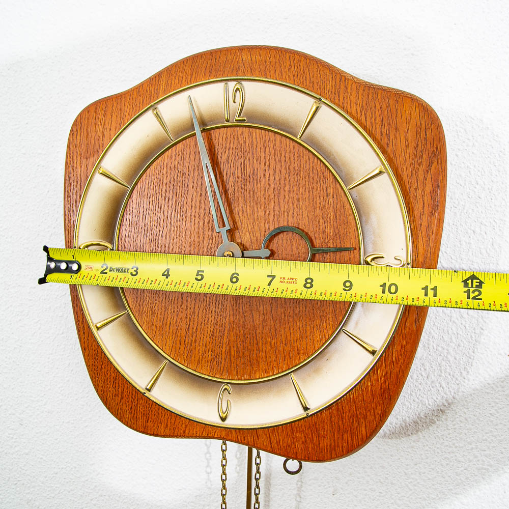 Mid Century Modern Wall Clock Oak Pendulum Weights Brass Denmark Chime - Image 8