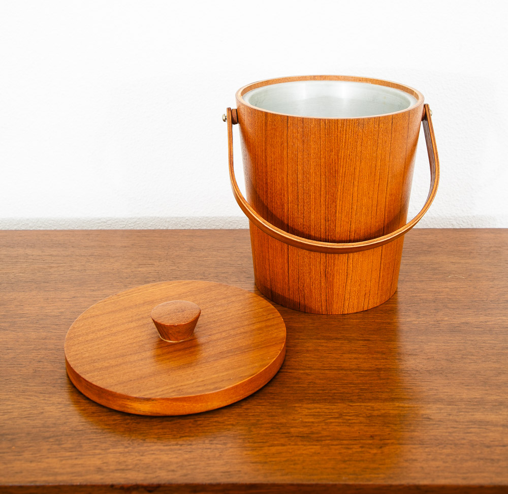 Mid Century Danish Modern Ice Bucket Lidded Teak Rainbow Sweden Liner Round Mcm - Image 2