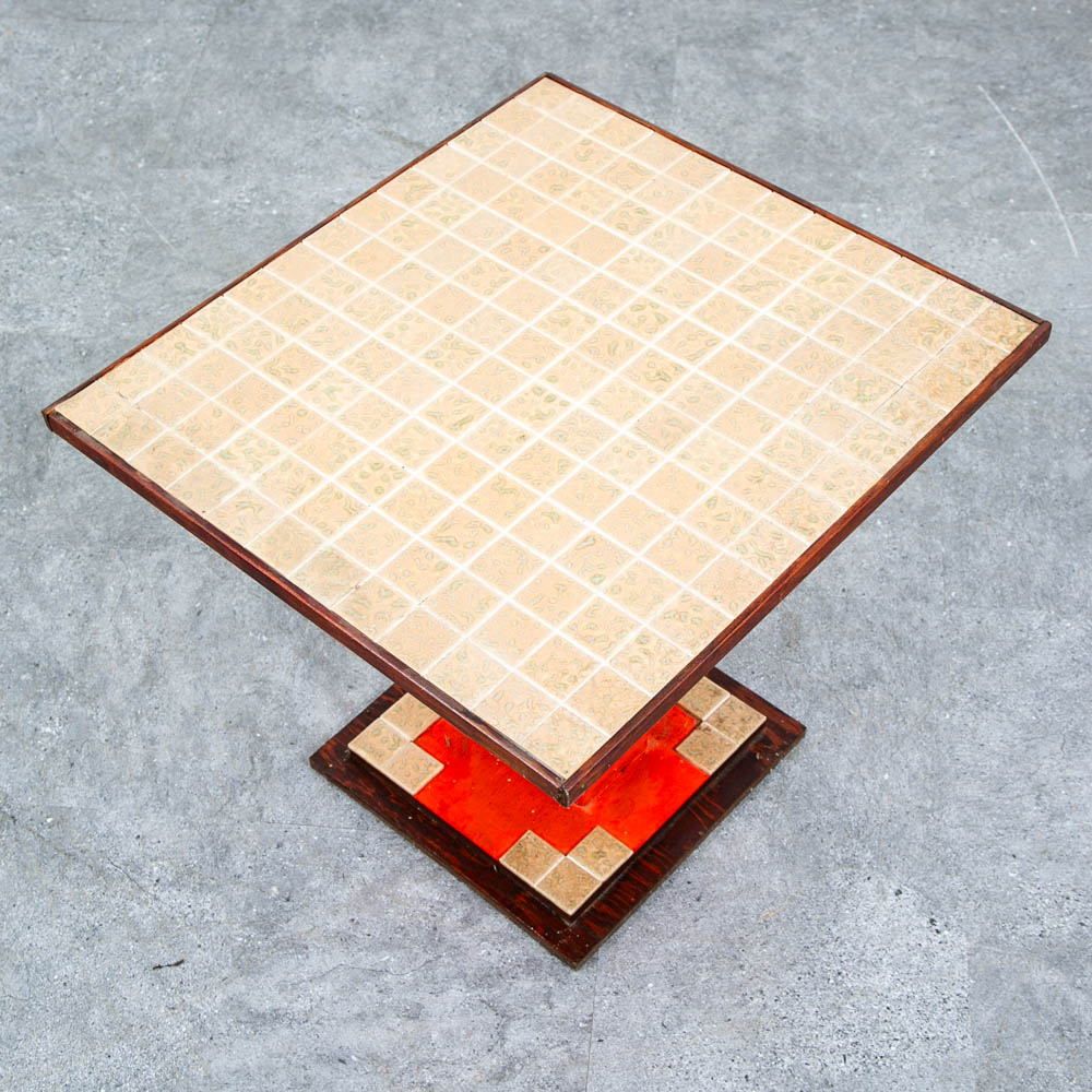 Mid Century Modern End Table Side Square Ceramic Vintage Wood Tile Orange Yellow - Image 4
