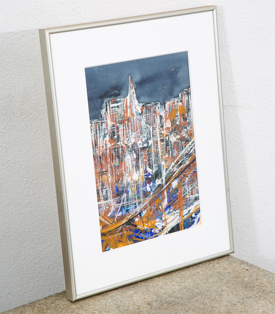 Mid Century Modern Danish Painting Art Abstract landscape Frame Cityscape Mcm - Image 2