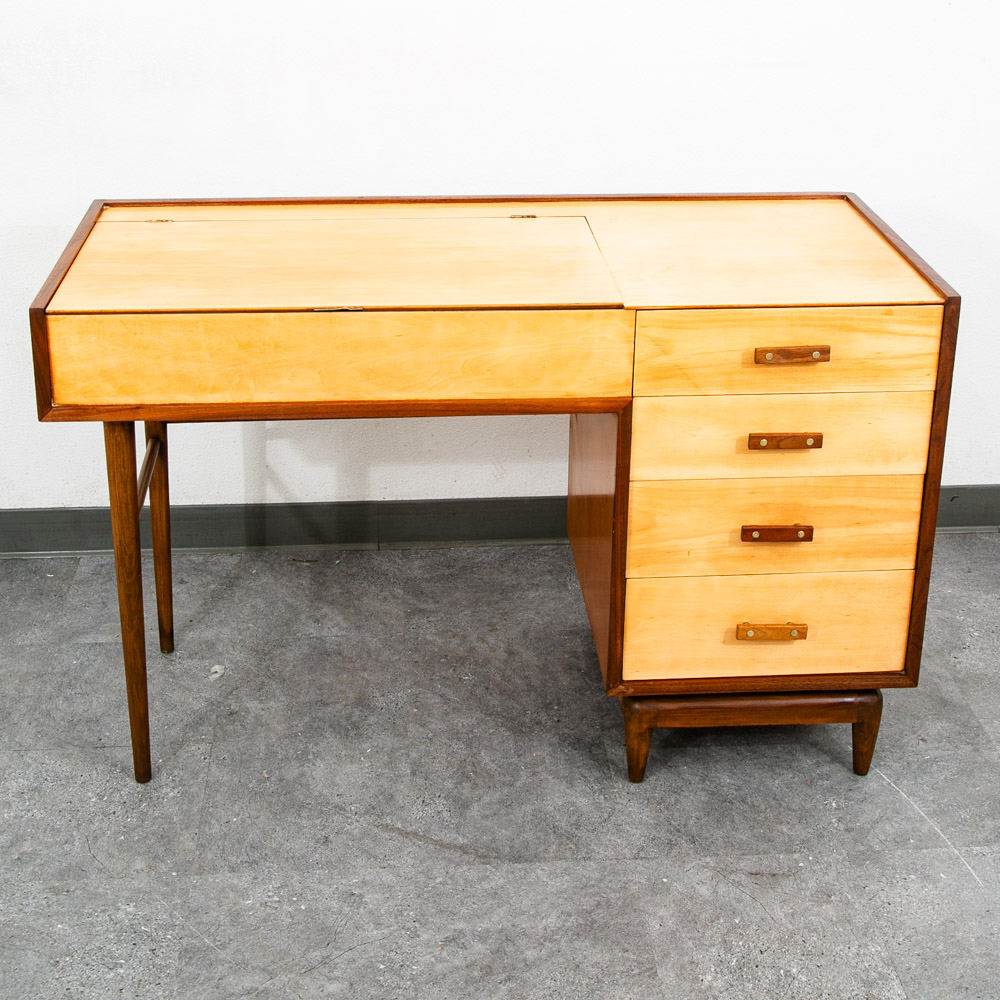 Mid Century Modern Vanity Desk Birch Walnut Drawers Mirror Italian Blonde Wood - Image 8
