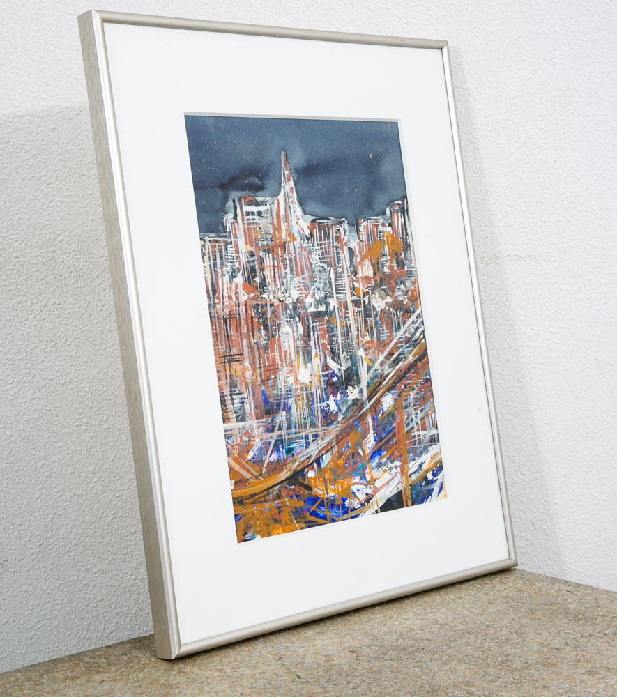 Mid Century Modern Danish Painting Art Abstract landscape Frame Cityscape Mcm - Image 3