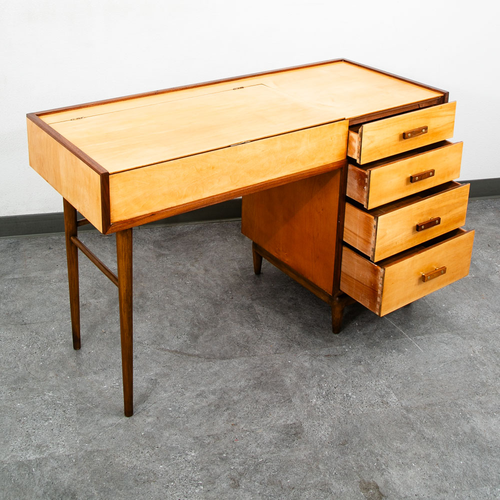 Mid Century Modern Vanity Desk Birch Walnut Drawers Mirror Italian Blonde Wood - Image 4