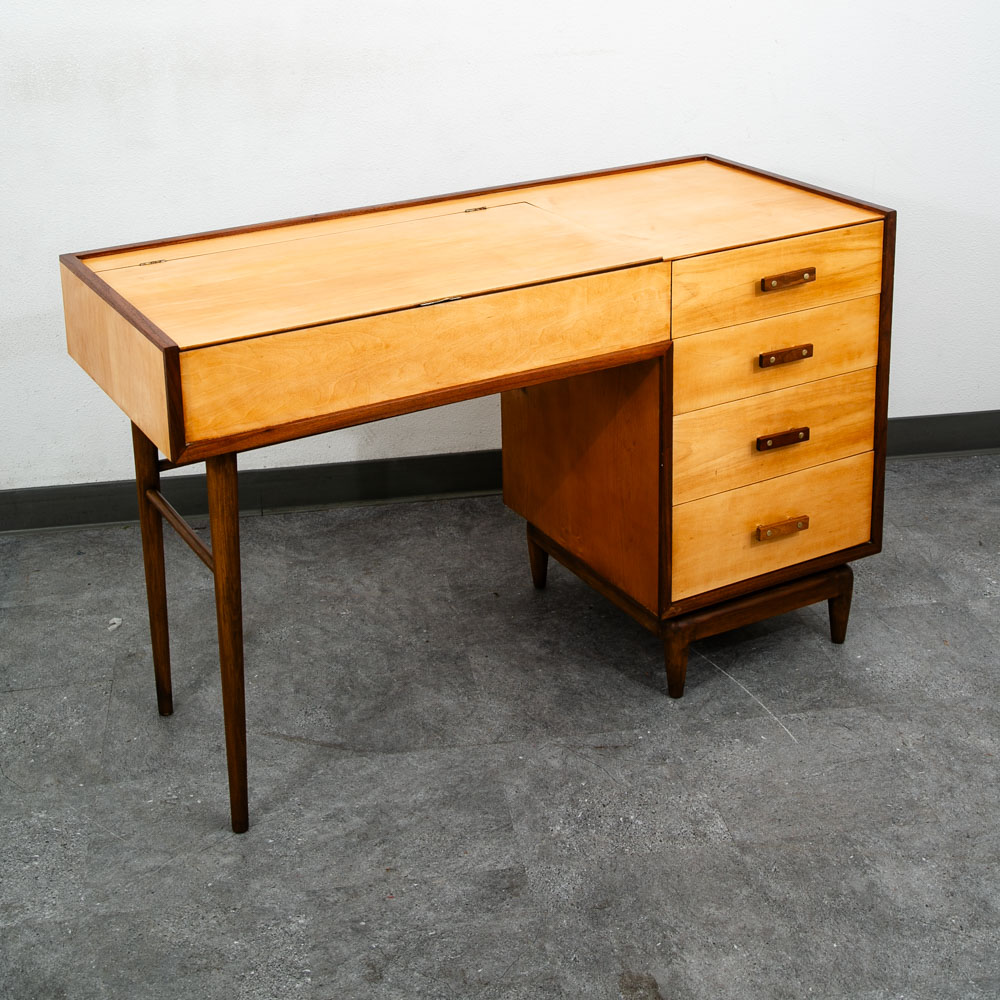Mid Century Modern Vanity Desk Birch Walnut Drawers Mirror Italian Blonde Wood - Image 7