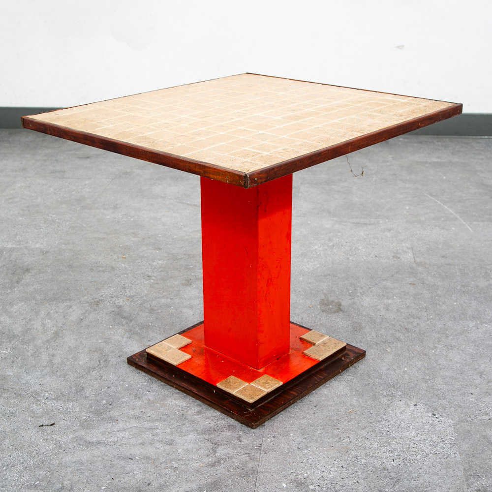 Mid Century Modern End Table Side Square Ceramic Vintage Wood Tile Orange Yellow - Image 10