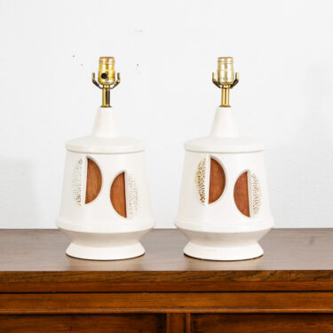 Mid Century Modern Lamp Set Wood Ceramic Wood Pair Two Table Vintage Light 2