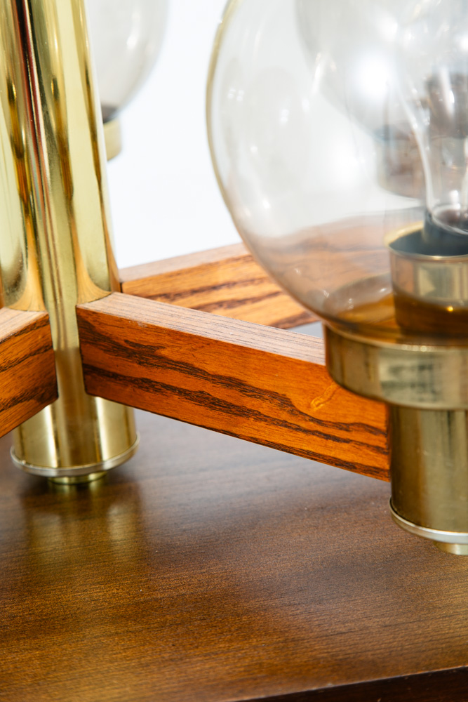 Mid Century Modern Chandelier Light Lamp Brass Oak Wood 5 Light Ceiling Glass - Image 9