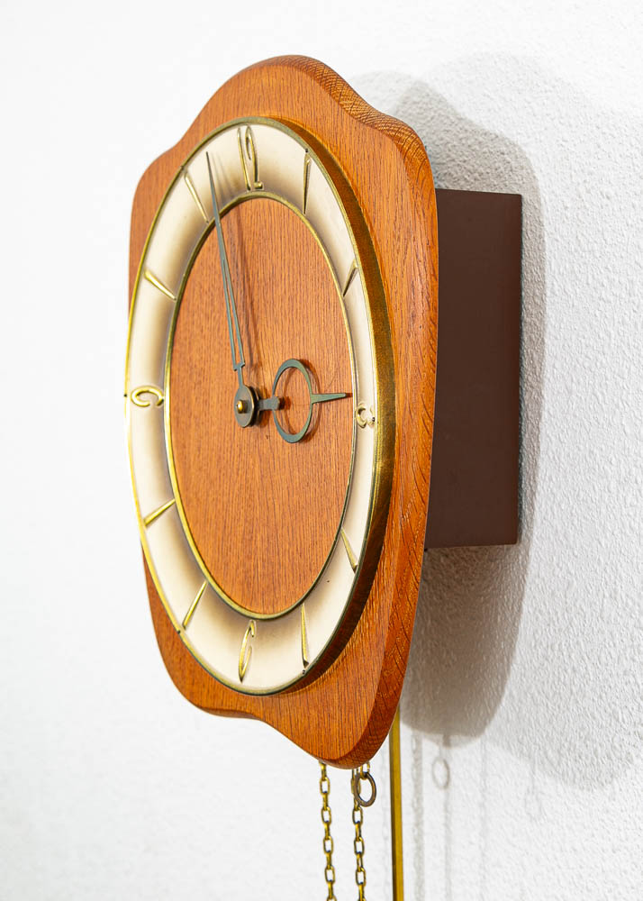 Mid Century Modern Wall Clock Oak Pendulum Weights Brass Denmark Chime - Image 3