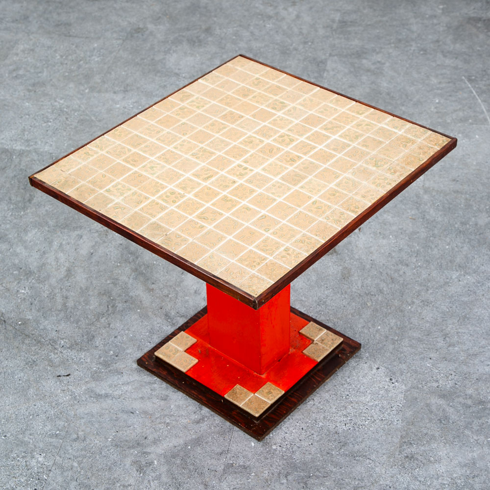 Mid Century Modern End Table Side Square Ceramic Vintage Wood Tile Orange Yellow