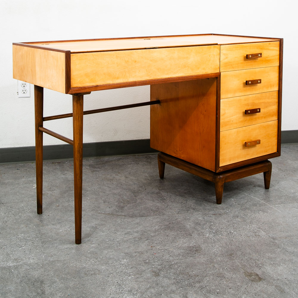 Mid Century Modern Vanity Desk Birch Walnut Drawers Mirror Italian Blonde Wood