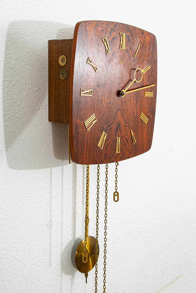 Mid Century Modern Wall Clock Rosewood Pendulum Weights Hanging Square Chime - Image 3