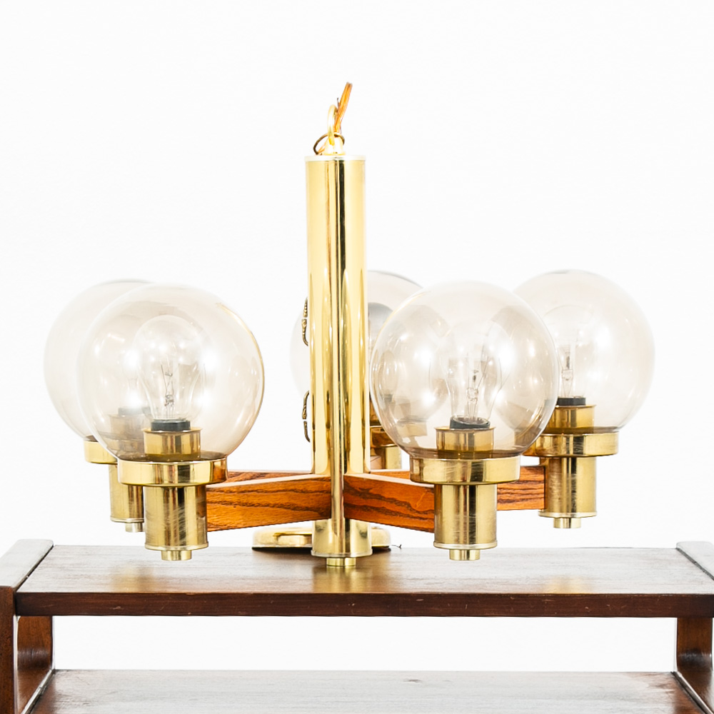 Mid Century Modern Chandelier Light Lamp Brass Oak Wood 5 Light Ceiling Glass - Image 6