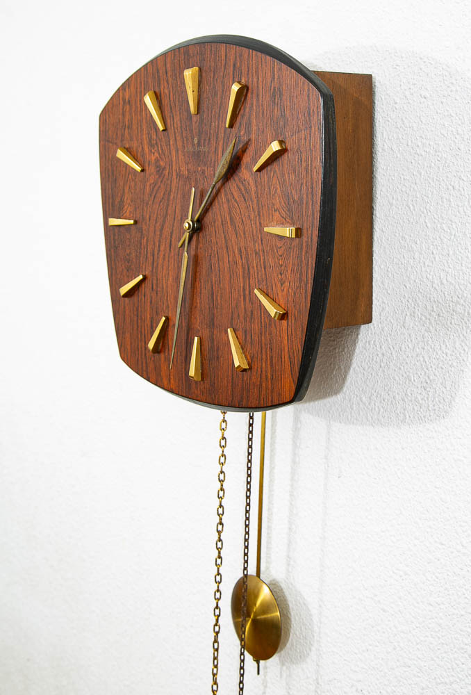 Mid Century Modern Wall Clock Rosewood Pendulum Weights Hanging Junghans Chime - Image 3