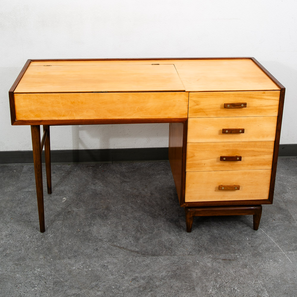 Mid Century Modern Vanity Desk Birch Walnut Drawers Mirror Italian Blonde Wood - Image 9