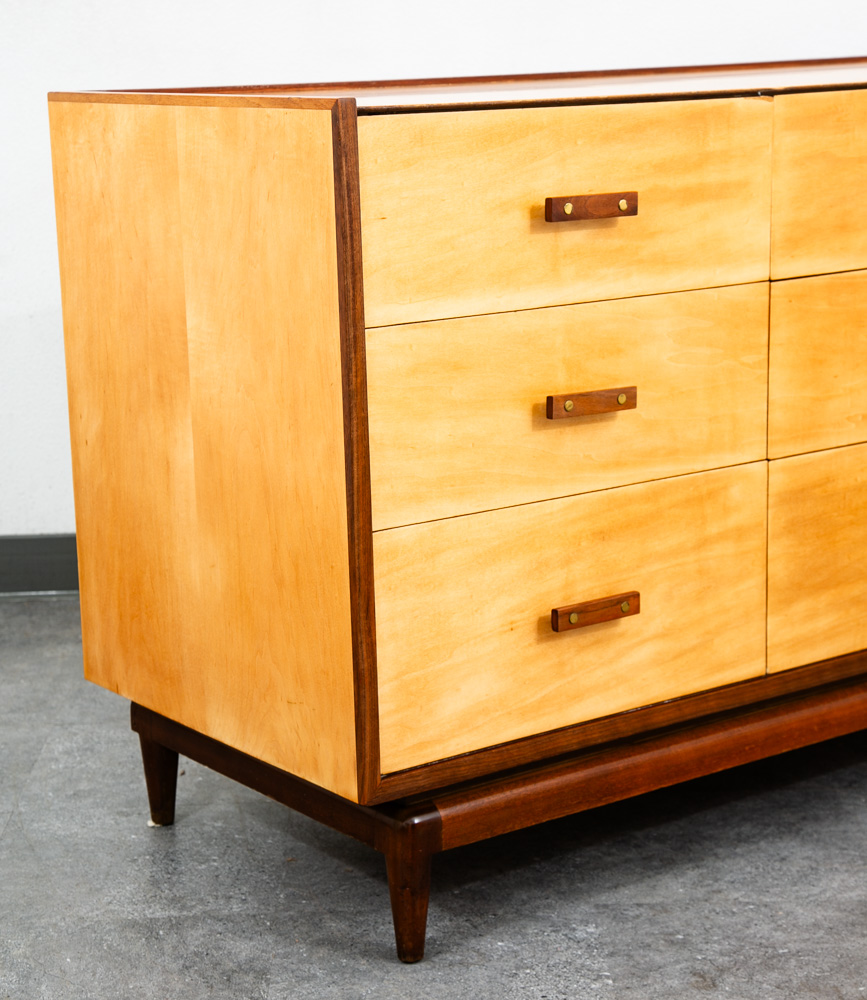 Mid Century Modern Dresser Credenza Birch Walnut Drawer Italian End Set 2 Blonde - Image 9