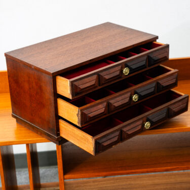 Mid Century Modern Jewelry Chest Three Drawer Walnut Drawer Ricardo Lynn & Co