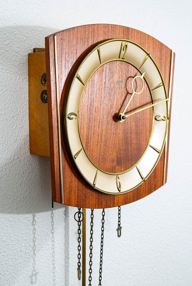 Mid Century Modern Wall Clock Teak Pendulum Weights Brixon Denmark Chime - Image 3