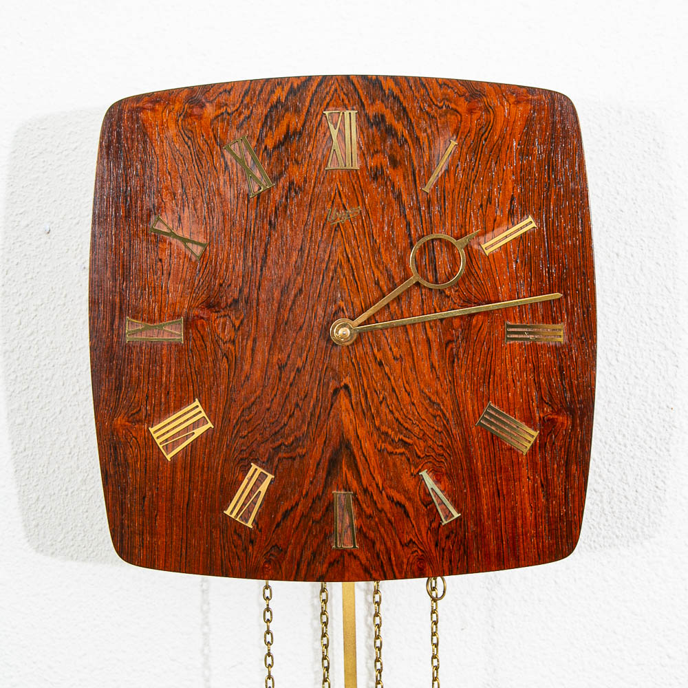 Mid Century Modern Wall Clock Rosewood Pendulum Weights Hanging Square Chime