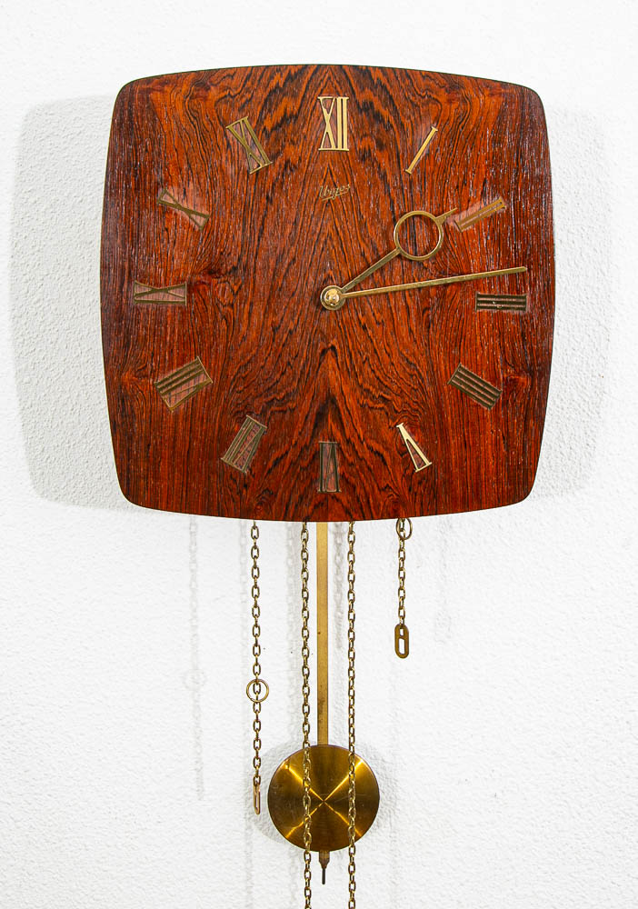 Mid Century Modern Wall Clock Rosewood Pendulum Weights Hanging Square Chime - Image 2