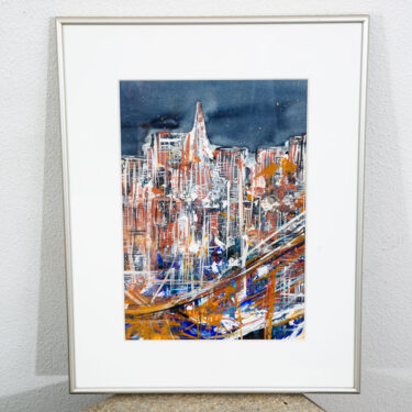 Mid Century Modern Danish Painting Art Abstract landscape Frame Cityscape Mcm