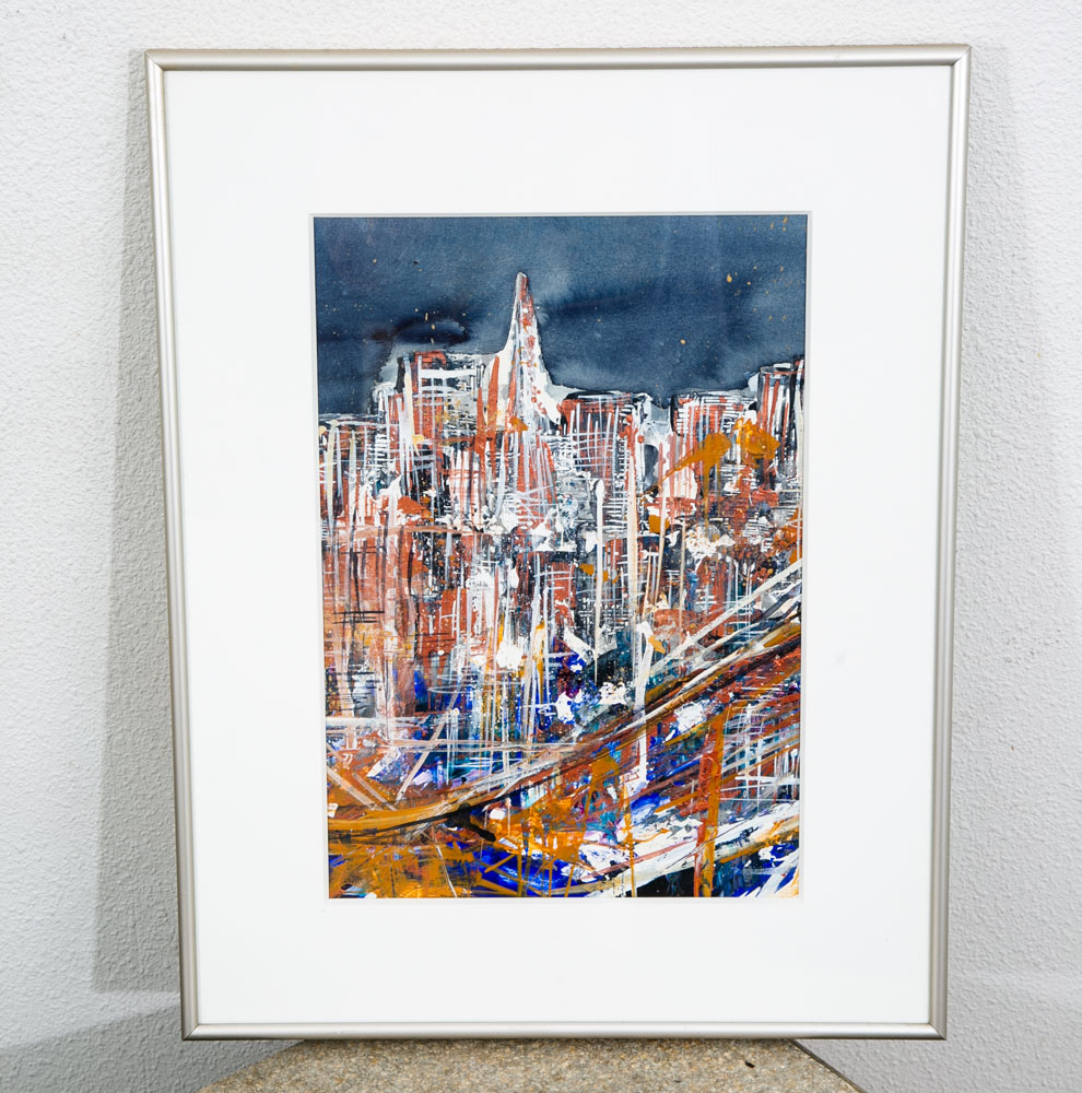 Mid Century Modern Danish Painting Art Abstract landscape Frame Cityscape Mcm