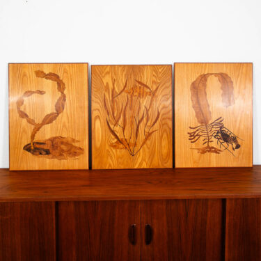 Mid Century Modern Wood Inlay Art Set of 3 Sea Creatures Mosaic Panels Denmark