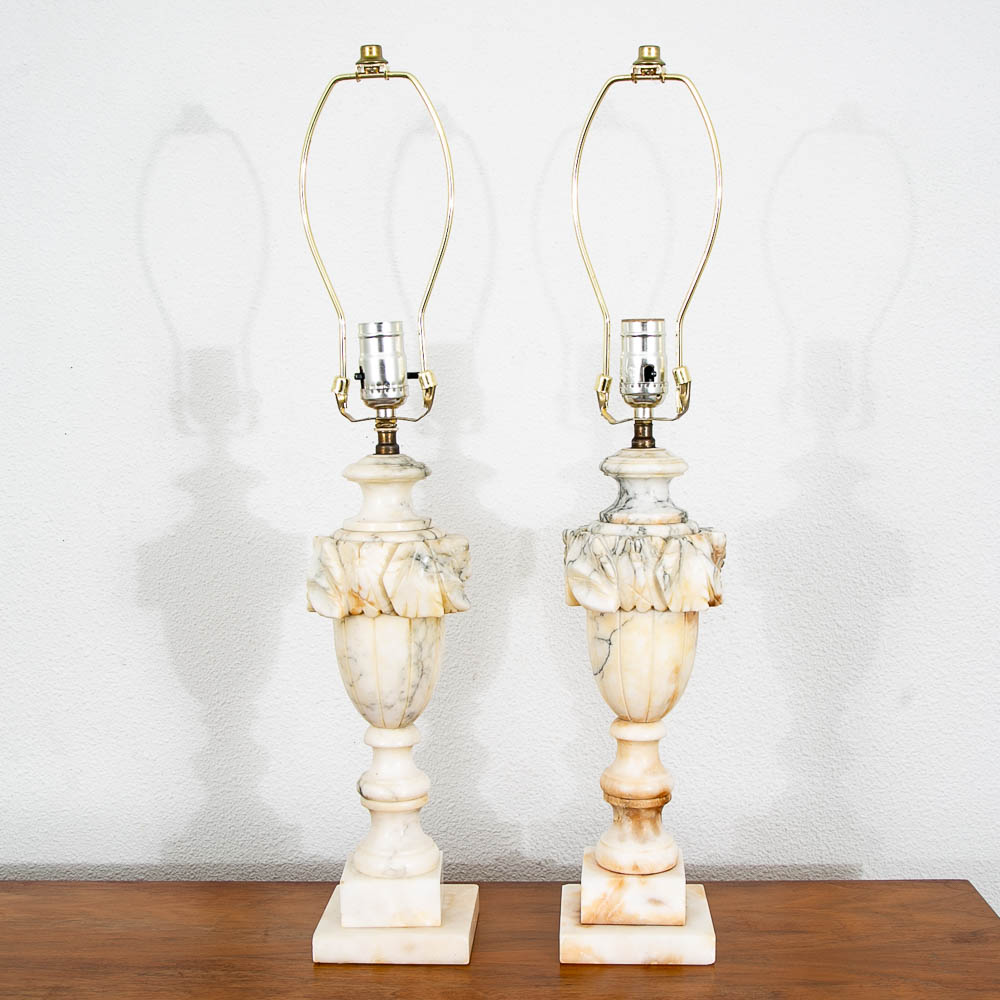 Mid Century Modern Table Lamp Set Pair Italian Alabaster Marble White Working - Image 2