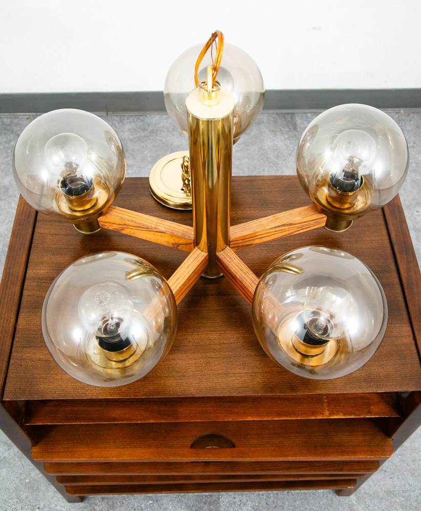 Mid Century Modern Chandelier Light Lamp Brass Oak Wood 5 Light Ceiling Glass - Image 10