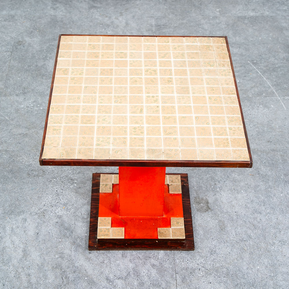 Mid Century Modern End Table Side Square Ceramic Vintage Wood Tile Orange Yellow - Image 3