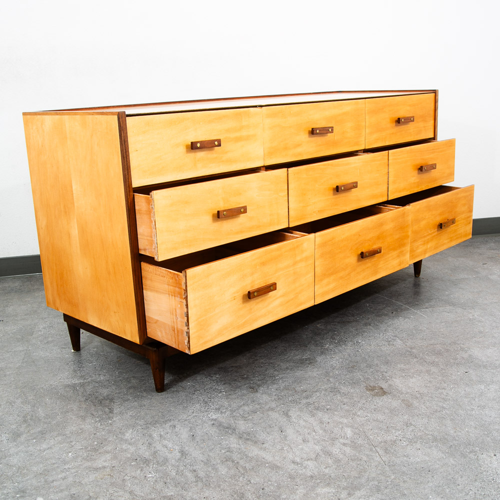 Mid Century Modern Dresser Credenza Birch Walnut Drawer Italian End Set 2 Blonde - Image 5