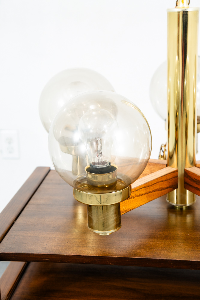 Mid Century Modern Chandelier Light Lamp Brass Oak Wood 5 Light Ceiling Glass - Image 7