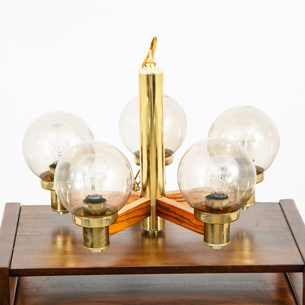 Mid Century Modern Chandelier Light Lamp Brass Oak Wood 5 Light Ceiling Glass - Image 3