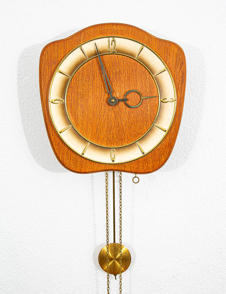 Mid Century Modern Wall Clock Oak Pendulum Weights Brass Denmark Chime - Image 2
