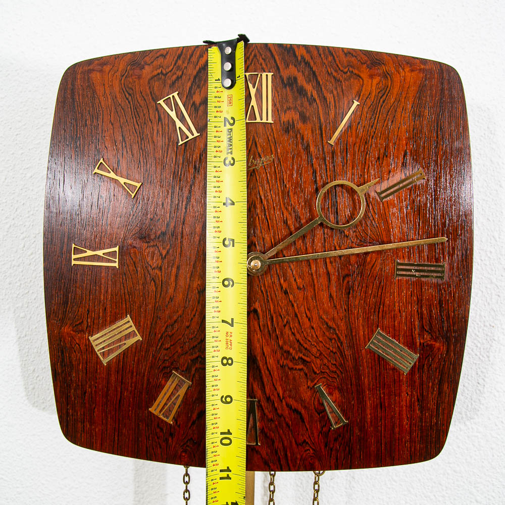 Mid Century Modern Wall Clock Rosewood Pendulum Weights Hanging Square Chime - Image 8